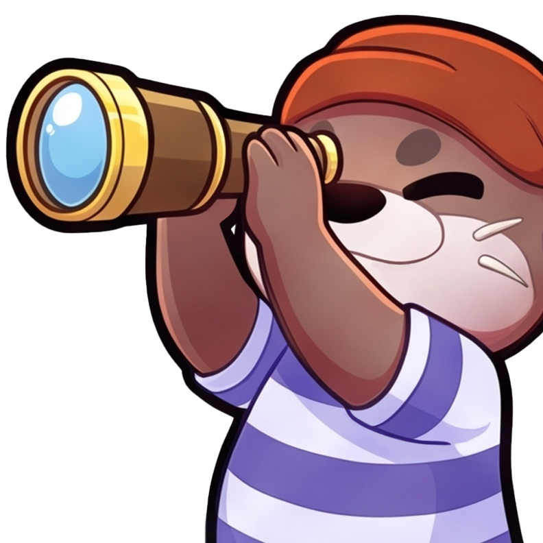 Nanis Otter-Maskottchen Flint schaut durch ein Fernglas